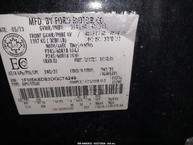Продажа на аукционе авто 2013 Ford Explorer Xlt, vin: 1FM5K8D83DGC74249, номер лота: 44682532
