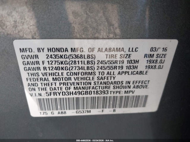 44682536 :رقم المزاد ، 5FRYD3H49GB018393 vin ، 2016 Acura Mdx مزاد بيع