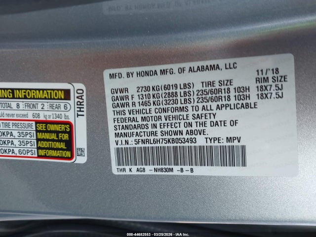 Aukcja sprzedaży 2019 Honda Odyssey Ex-l, vin: 5FNRL6H75KB053493, numer aukcji: 44682553