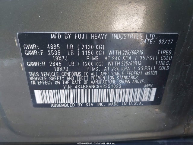 4S4BSANC9H3351023 Subaru Outback 2.5i Limited