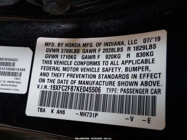 Honda Civic Sport 2019 19XFC2F87KE045506 Image 9