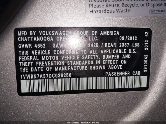 2013 VOLKSWAGEN PASSAT 1VWBN7A37DC038256 Photo 8