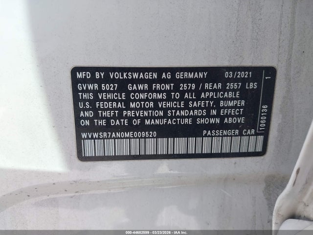2021 Volkswagen Arteon 2.0t Sel R-line მანქანა იყიდება აუქციონზე, vin: WVWSR7AN0ME009520, აუქციონის ნომერი: 44682599