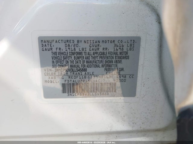 2020 Nissan Kicks Sr Xtronic Cvt მანქანა იყიდება აუქციონზე, vin: 3N1CP5DV3LL545888, აუქციონის ნომერი: 44682614