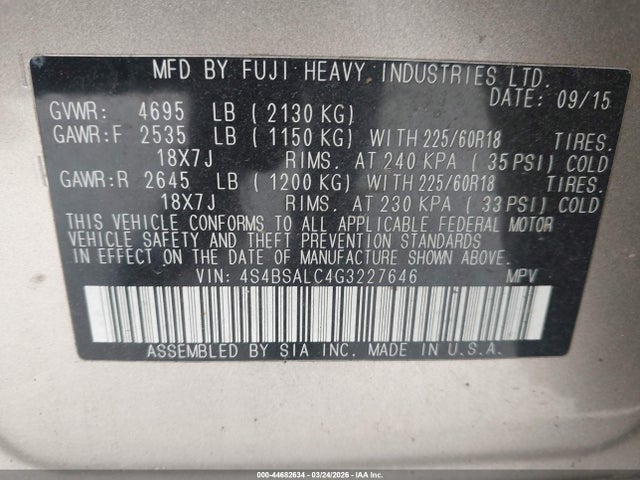 2016 Subaru Outback 2.5i Limited მანქანა იყიდება აუქციონზე, vin: 4S4BSALC4G3227646, აუქციონის ნომერი: 44682634