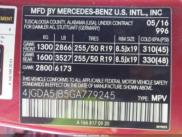Aukcja sprzedaży 2016 Mercedes-benz Gle 350, vin: 4JGDA5JB5GA779245, numer aukcji: 44682645
