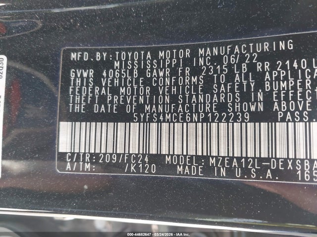 Продажа на аукционе авто 2022 Toyota Corolla Se Apex Edition, vin: 5YFS4MCE6NP122239, номер лота: 44682647
