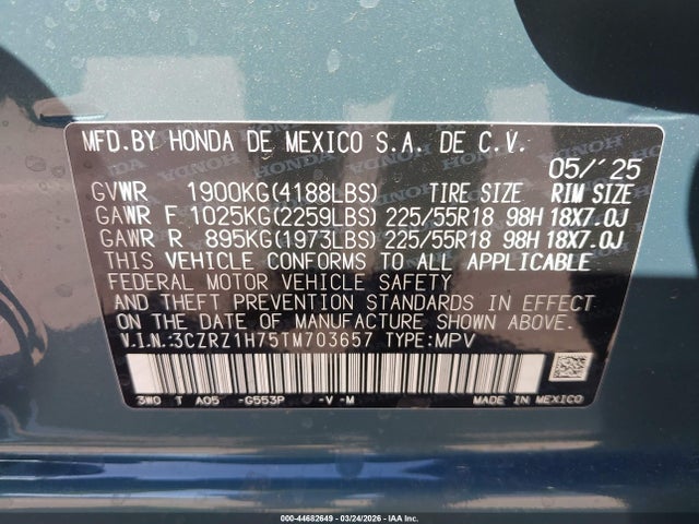 Продаж на аукціоні авто 2026 Honda Hr-v 2wd Ex-l, vin: 3CZRZ1H75TM703657, номер лоту: 44682649