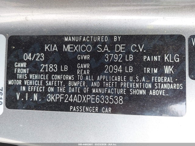 2023 Kia Forte Lxs მანქანა იყიდება აუქციონზე, vin: 3KPF24ADXPE633538, აუქციონის ნომერი: 44682681
