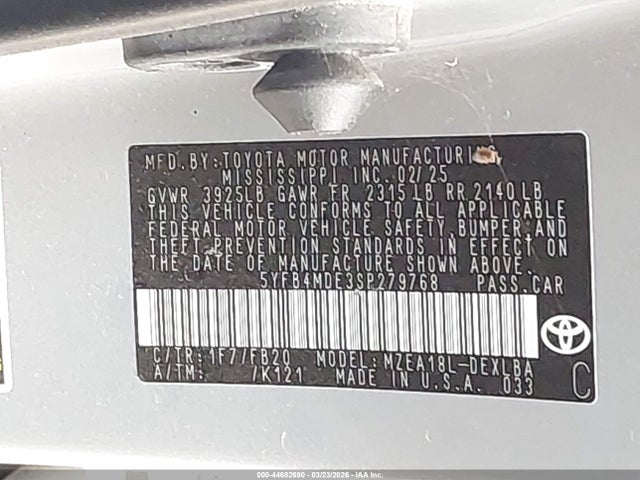 Продажа на аукционе авто 2025 Toyota Corolla Le, vin: 5YFB4MDE3SP279768, номер лота: 44682690