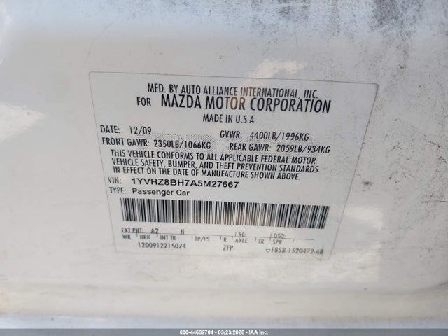 2010 Mazda Mazda6 I Sport მანქანა იყიდება აუქციონზე, vin: 1YVHZ8BH7A5M27667, აუქციონის ნომერი: 44682704