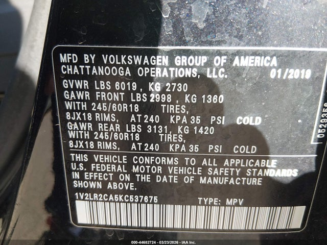 Продаж на аукціоні авто 2019 Volkswagen Atlas 3.6l V6 Se, vin: 1V2LR2CA5KC537675, номер лоту: 44682724