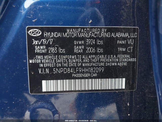 5NPD84LF9HH182099 Hyundai Elantra Value Edition