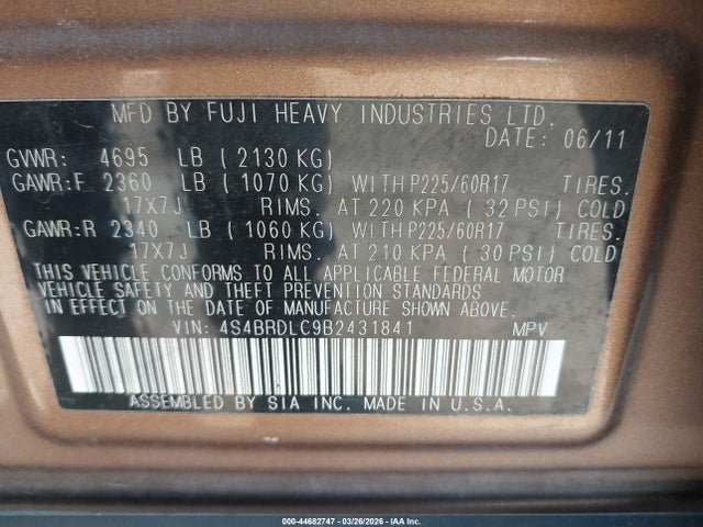 Продаж на аукціоні авто 2011 Subaru Outback 3.6r Limited, vin: 4S4BRDLC9B2431841, номер лоту: 44682747
