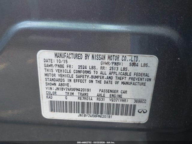 Aukcja sprzedaży 2015 Infiniti Q50, vin: JN1BV7ARXFM420191, numer aukcji: 44682752
