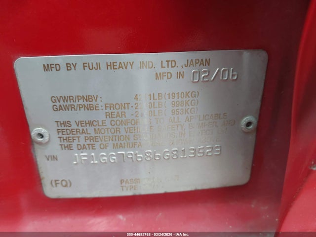 44682768 :رقم المزاد ، JF1GG79686G813523 vin ، 2006 Subaru Impreza Wrx Limited مزاد بيع