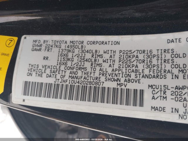 44682802 :رقم المزاد ، JTJHF10U420280807 vin ، 2002 Lexus Rx 300 مزاد بيع