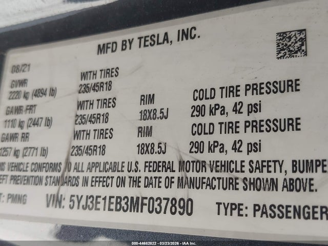 Продаж на аукціоні авто 2021 Tesla Model 3 Long Range Dual Motor All-wheel Drive, vin: 5YJ3E1EB3MF037890, номер лоту: 44682822
