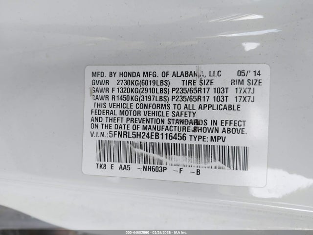 5FNRL5H24EB116456 Honda ODYSSEY LX