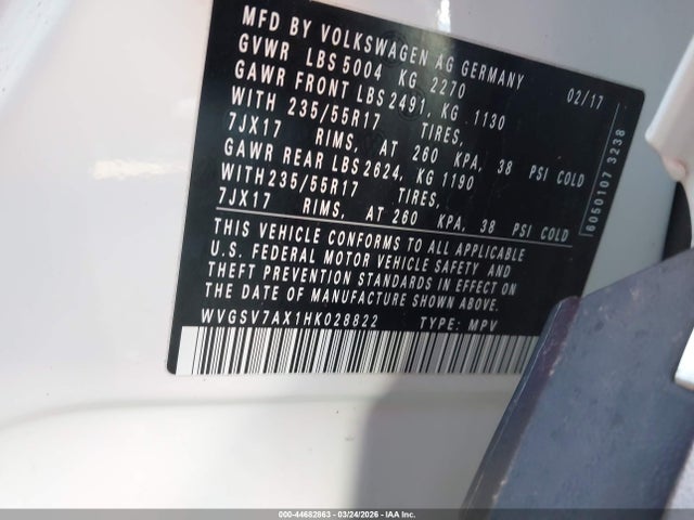 44682863 :رقم المزاد ، WVGSV7AX1HK028822 vin ، 2017 Volkswagen Tiguan 2.0t Wolfsburg Edition مزاد بيع
