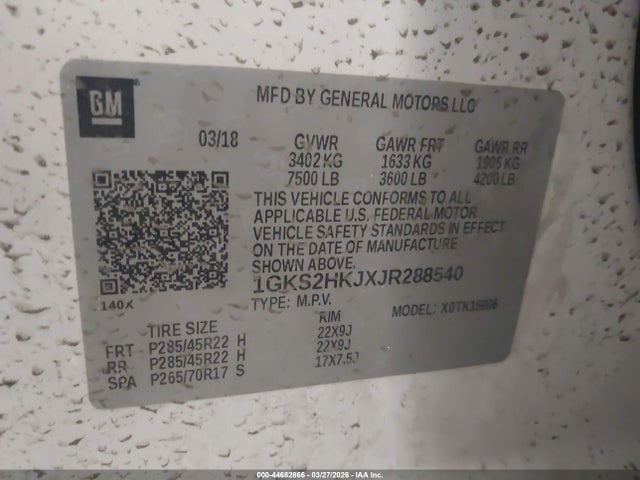 Auction sale of the 2018 Gmc Yukon Xl Denali, vin: 1GKS2HKJXJR288540, lot number: 44682866