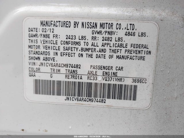 44682869 :رقم المزاد ، JN1CV6AR4CM974482 vin ، 2012 Infiniti G37x مزاد بيع