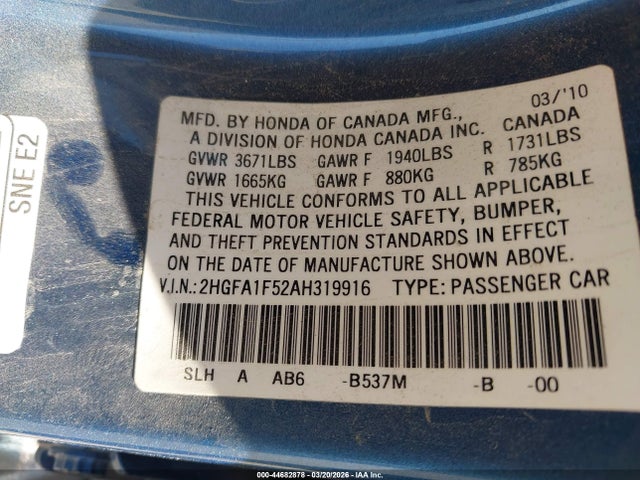 Продажа на аукционе авто 2010 Honda Civic Lx, vin: 2HGFA1F52AH319916, номер лота: 44682878