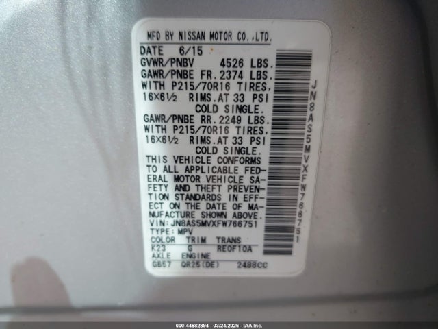 Aukcja sprzedaży 2015 Nissan Rogue Select S, vin: JN8AS5MVXFW766751, numer aukcji: 44682894