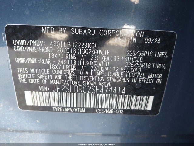 44682944 :رقم المزاد ، JF2SLDRC2SH474414 vin ، 2025 Subaru Forester Limited مزاد بيع