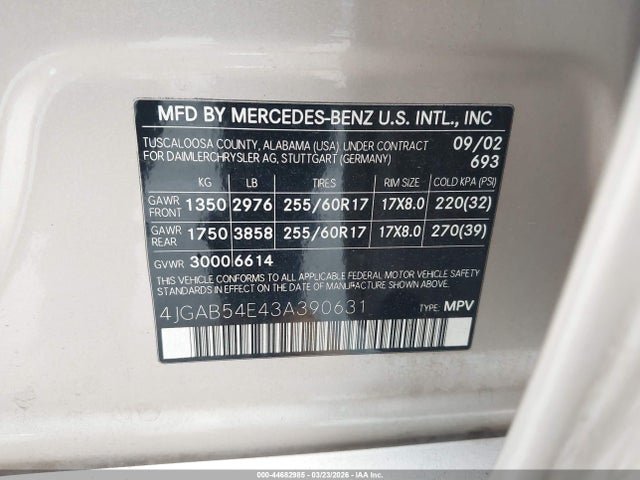 Aukcja sprzedaży 2003 Mercedes-benz Ml 320, vin: 4JGAB54E43A390631, numer aukcji: 44682985