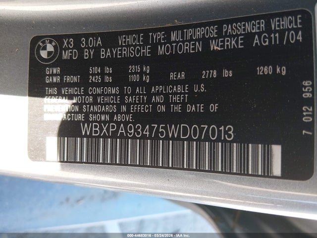 Aukcja sprzedaży 2005 Bmw X3 3.0i, vin: WBXPA93475WD07013, numer aukcji: 44683016