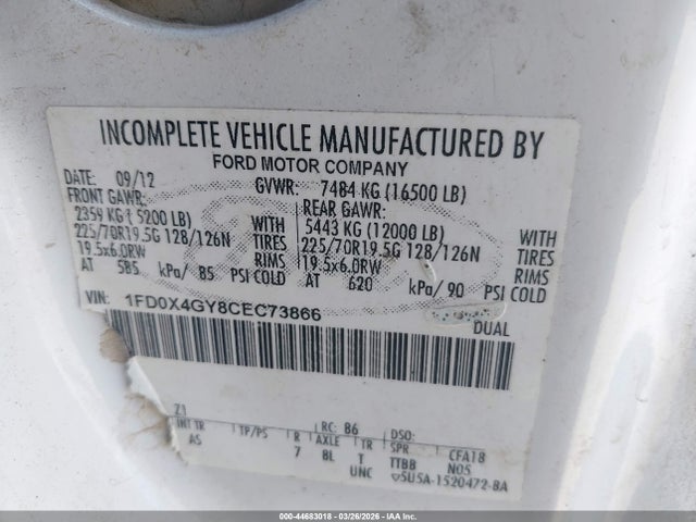 2012 Ford F-450 Chassis Xl მანქანა იყიდება აუქციონზე, vin: 1FD0X4GY8CEC73866, აუქციონის ნომერი: 44683018