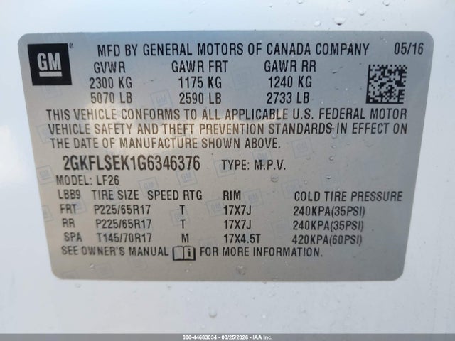 Aukcja sprzedaży 2016 Gmc Terrain Sle-1, vin: 2GKFLSEK1G6346376, numer aukcji: 44683034