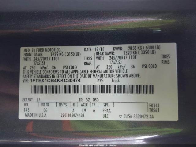 Aukcja sprzedaży 2019 Ford F-150 Xl, vin: 1FTEX1CB4KKC30474, numer aukcji: 44683046