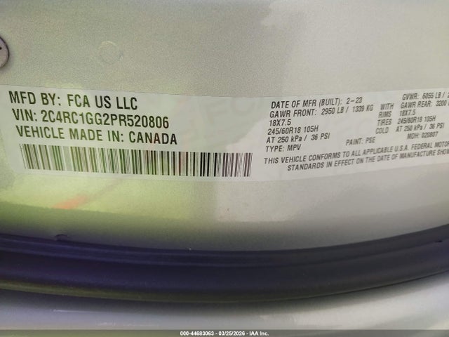 44683063 :رقم المزاد ، 2C4RC1GG2PR520806 vin ، 2023 Chrysler Pacifica Limited مزاد بيع