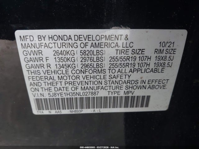 Aukcja sprzedaży 2022 Acura Mdx Standard, vin: 5J8YE1H35NL027887, numer aukcji: 44683085