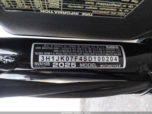 Aukcja sprzedaży 2025 Honda Nva110 B, vin: 3H1JK07F4SD100204, numer aukcji: 44683086