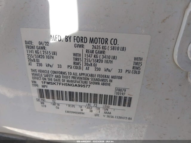 2022 Ford Explorer Limited მანქანა იყიდება აუქციონზე, vin: 1FMSK7FH5NGA99577, აუქციონის ნომერი: 44683091