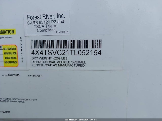 2026 Forest River Other მანქანა იყიდება აუქციონზე, vin: 4X4TSVC21TL052154, აუქციონის ნომერი: 44683094
