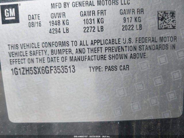 44683107 :رقم المزاد ، 1G1ZH5SX6GF353513 vin ، 2016 Chevrolet Malibu Premier مزاد بيع