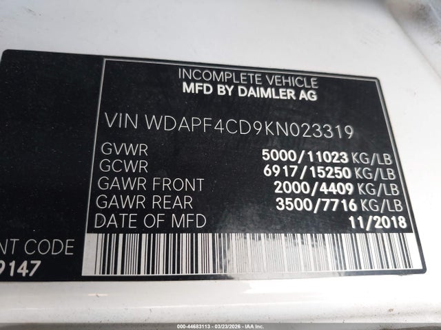 44683113 :رقم المزاد ، WDAPF4CD9KN023319 vin ، 2019 Mercedes-benz Sprinter 4500 Standard Roof V6 مزاد بيع