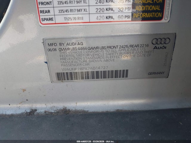 Aukcja sprzedaży 2007 Audi A3 2.0t, vin: WAUHF78PX7A014727, numer aukcji: 44683128