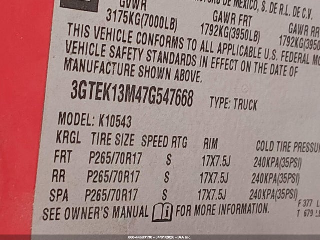 Aukcja sprzedaży 2007 Gmc Sierra 1500 Sle1, vin: 3GTEK13M47G547668, numer aukcji: 44683130