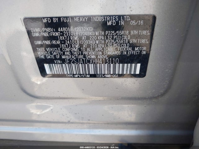 2017 Subaru Forester 2.5i Touring მანქანა იყიდება აუქციონზე, vin: JF2SJATCXHH413110, აუქციონის ნომერი: 44683133