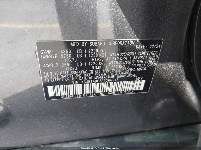 Продаж на аукціоні авто 2024 Subaru Outback Premium, vin: 4S4BTADC5R3266518, номер лоту: 44683137