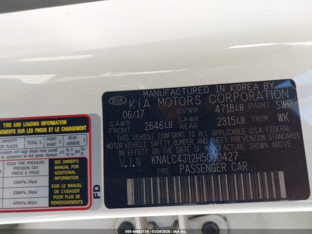 2017 Kia Cadenza Premium მანქანა იყიდება აუქციონზე, vin: KNALC4J12H5090427, აუქციონის ნომერი: 44683139