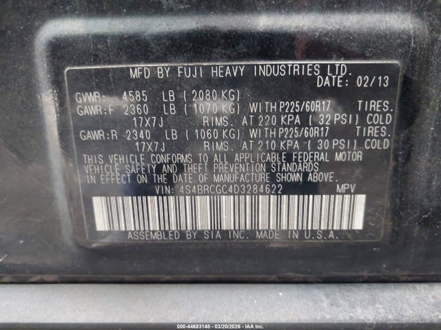 2013 Subaru Outback 2.5i Premium მანქანა იყიდება აუქციონზე, vin: 4S4BRCGC4D3284622, აუქციონის ნომერი: 44683148