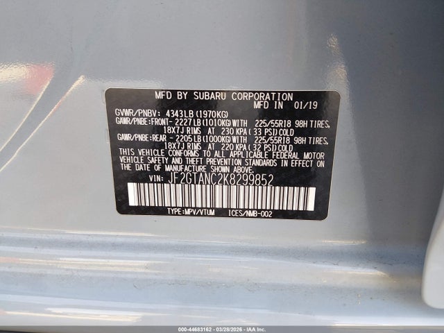 44683162 :رقم المزاد ، JF2GTANC2K8299852 vin ، 2019 Subaru Crosstrek 2.0i Limited مزاد بيع