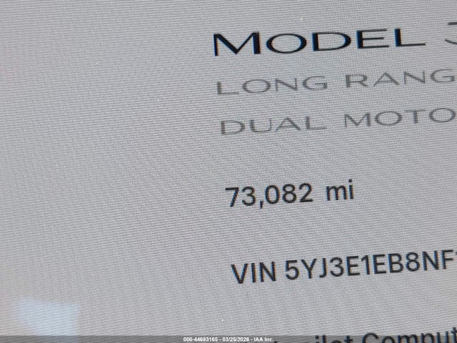 5YJ3E1EB8NF121169 Tesla Model 3 Long Range Dual Motor All-wheel Drive