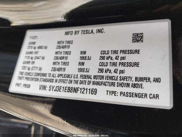 5YJ3E1EB8NF121169 Tesla Model 3 Long Range Dual Motor All-wheel Drive